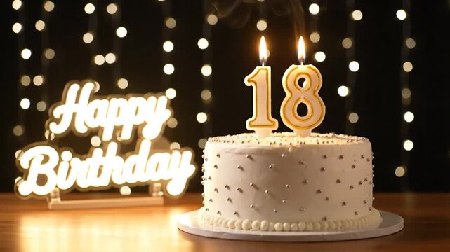 White cake with 18 lit candles, "Happy Birthday" sign, and bokeh lights on a dark background
