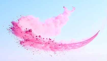 Pink powder explodes and trails across a blue, gradient background