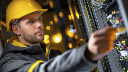 Network technician data center server rack ethernet cable maintenance engineer male safety helmet focused expression technology environment