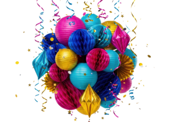 dense cluster of varied reflective magenta, blue, turquoise, and gold geometric paper lanterns, with falling metallic confetti on a white background and copy space. birthday celebration atmosphere