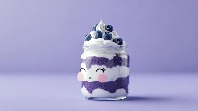 Sparkling kawaii blueberry parfait in a smiling glass jar on a lavender backdrop