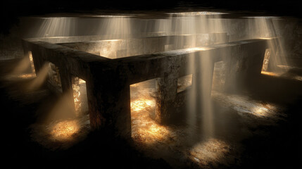 Mystical labyrinth ancient corridor stone wall sunbeam dust dark cave mysterious light fantasy interior dramatic shadow glow