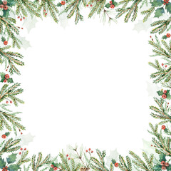 Fototapeta premium Watercolor Christmas card with fir branches and copy space. Trendy square template for winter holiday. 