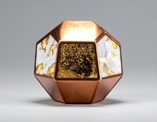 Geometric metal and stone orb sculpture with gold and white panels