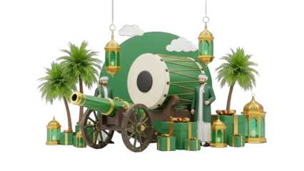 Islamic Celebration Scene with Cannon, Drum, and Gifts
