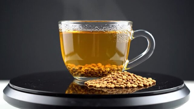 Steaming golden tea with fenugreek seeds in a clear mug on a reflective stand