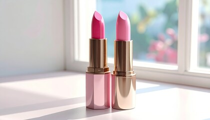 Two lipsticks in shades of pink sit on a windowsill, sunlit and elegant