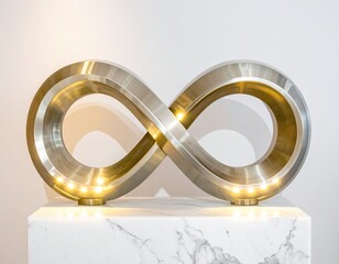 Polished metal infinity symbol with embedded lights on a marble pedestal