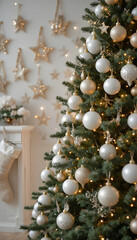 scandinavian boho christmas tree with white baubles and golden lights