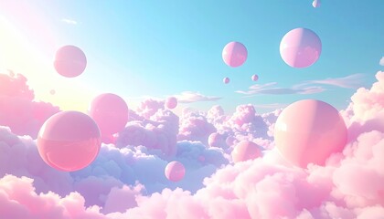 Pink orbs float in a fluffy pink-clouded sky with soft sunlight