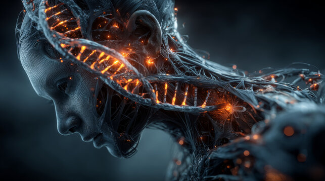3D human and DNA model interconnection, post human concept, gene editing and human augmentation, bio hacking concept 
 3d rendering