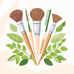 Natural Beauty Tools A Collection of Makeup Brushes Surrounded by Fresh Green Leaves