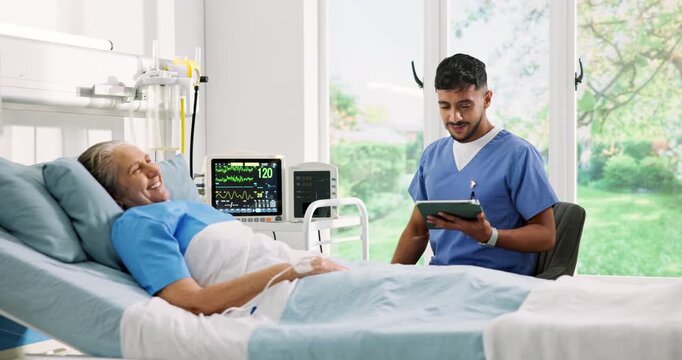 Consultation, old woman and doctor with tablet, high five and support with recovery. Medical service, mature person and nurse in hospital, gesture and tech with celebration, positive results or pride