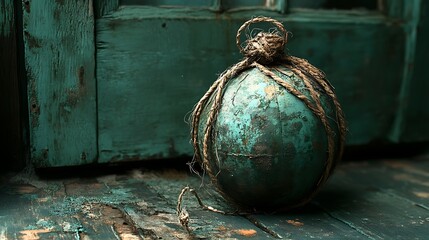 Nautical sphere wrapped in rope, against the backdrop of weathered wood