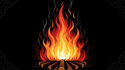 Burning bonfire vector illustration for Lohri festival. Traditional fire celebration icon on black background. Warm flame graphic design.
