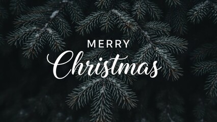 Elegant "Merry Christmas" script overlay on moody, dark pine tree branches dusted with white winter frost, perfect for a festive seasonal greeting card backdrop.