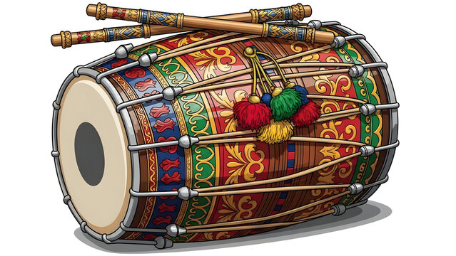 Traditional Indian musical instrument Dhol vector illustration. Punjabi drum for Lohri and Bhangra dance celebration. Colorful music icon.

