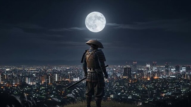 Samurai ronin stands tall on hill overlooking city at night, luminous moon.