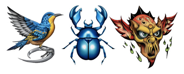 Obraz premium Symbolic Illustration of Balance Represented by Bird, Beetle, and Demon Face