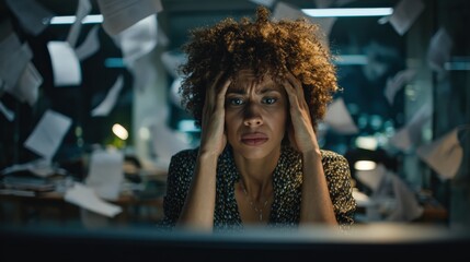 An office worker overwhelmed by a cascade of paperwork, embodying the struggles of stress and deadlines in a high-pressure office environment. Created with Generative AI, not depicting real subjects.