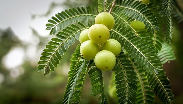 Fresh Amla Indian gooseberry fruits growing on tree branch
