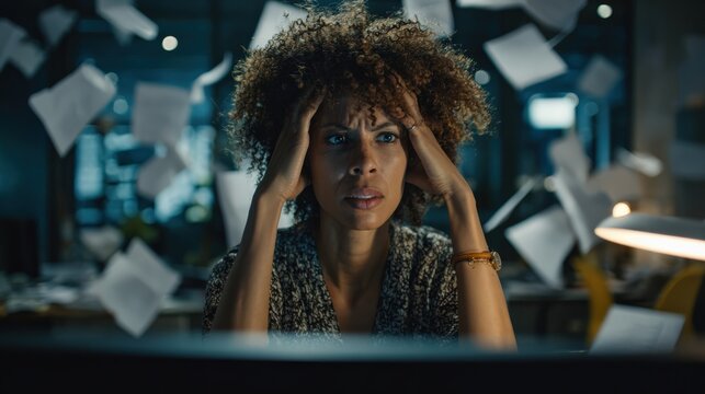 A moment of overwhelm captures the intense stress of a professional, surrounded by chaotic paperwork. ..Created with Generative AI, not depicting real subjects.