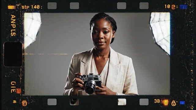 Young Black woman examining vintage camera in studio, framed by film strip with softboxes