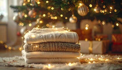 Christmas tree with gift. used clothes for Christmas as present decorated with lights