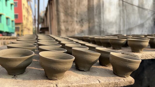 Indian artisans in a rural Bengal village prepare terracotta kulhads by sun-baking them.
