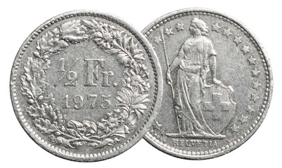 Switzerland, half Franc (CHF), 1975 Year, copper-nickel circulation coin featuring the personification of Helvetia and a wreath