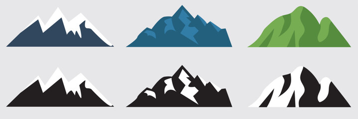 Fototapeta premium Mountain landscape icon set. Mountain and hill landscape icons in flat vector style, representing different terrains, nature environments, and outdoor scenery concepts. 
