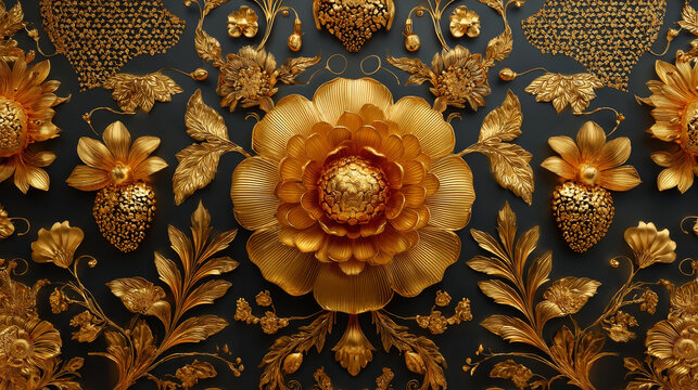 Pattern golden elements. Design vintage for card, wallpaper, wrapping, textile. Royal retro background. Vector. Floral classic texture. Gold template.