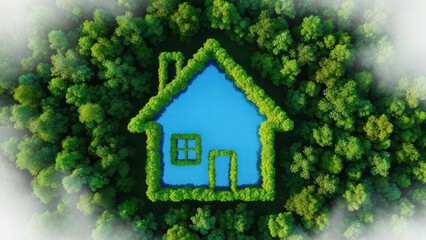 Eco friendly home surrounded by lush green forest isolated on transparent background