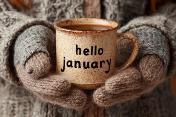 Cozy hands embrace a warm mug of coffee, heralding the arrival of a new month, a promise of fresh starts and the warmth of comfort. ..Created with Generative AI, not depicting real subjects.