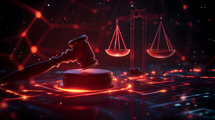Futuristic law decision making concept with glowing red scales and gavel on digital interface
