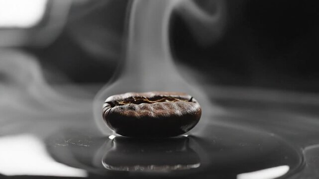 Close-up of a single roasted coffee bean amidst swirling white smoke on a reflective dark surface