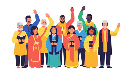 Illustration of diverse people in traditional clothing waving and holding objects on a white background, conveying a celebratory mood for Happy New Year 2026.