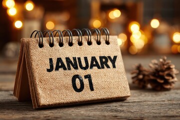 A rustic calendar displays the date January 01, marking the beginning of a fresh new year amidst a warm, festive ambiance. ..Created with Generative AI, not depicting real subjects.