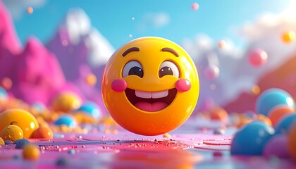 Smiling emoji in a vibrant landscape