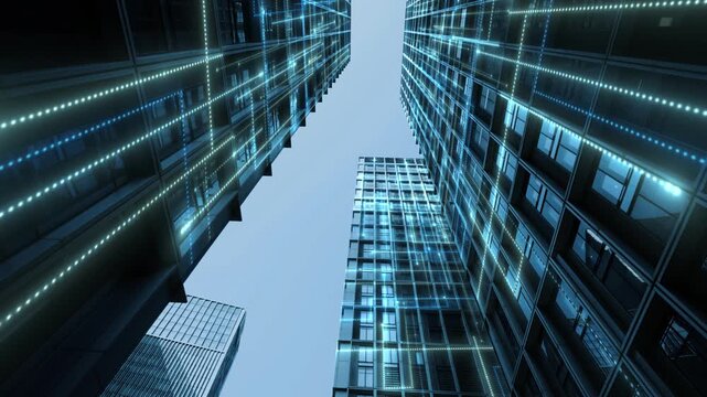 Low Angle View of Futuristic Glass Skyscrapers with Blue Light Effects