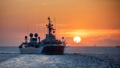 Silhouette of a navy ship on the ocean horizon at dusk
