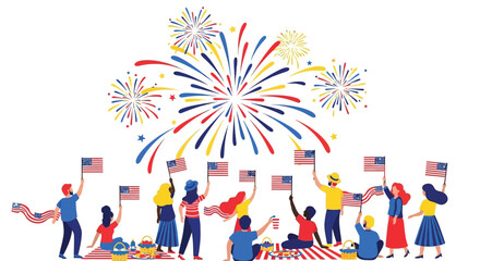 Diverse group of people celebrating with American flags and fireworks.