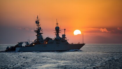 Fototapeta premium Warship on patrol during a serene orange and yellow ocean sunset 