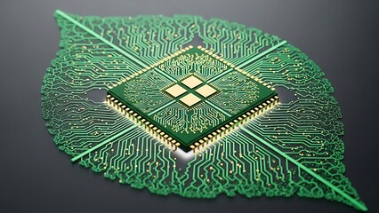 A green leaf made from a computer chip shows eco-friendly technology.