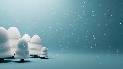 Soft Snow Falling Over Minimalist Stylized White Christmas Trees Winter Landscape