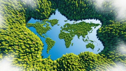 Aerial view of world map in the lake surrounded by forest isolated on transparent background