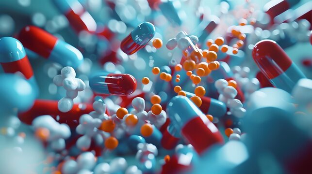 National Pharmacists Day: 3D biomedical CGI macro visualization of pharmaceutical drug molecules and receptors, clean scientific background, cinematic medical lighting