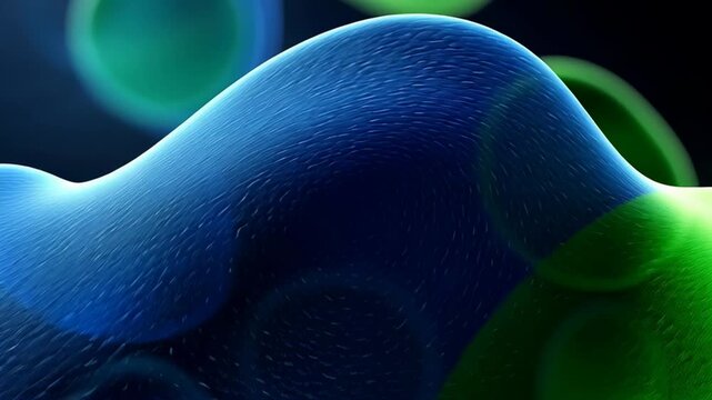 Microscopic organic cells throbbing with vibrant blue green membranes, interconnecting dynamically within shadowy cellular landscape, revealing intricate biological movements