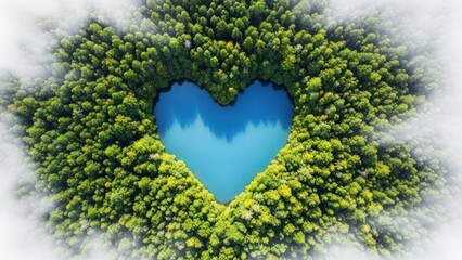 Heart shaped lake surrounded by lush green forest isolated on transparent background
