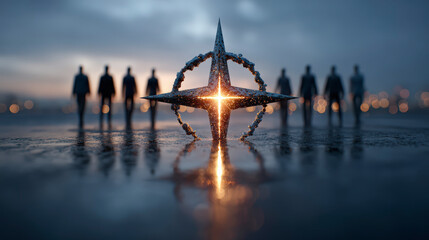 A mysterious object lit by radiant light, reflected on a wet surface with silhouetted figures standing in the background at dusk.